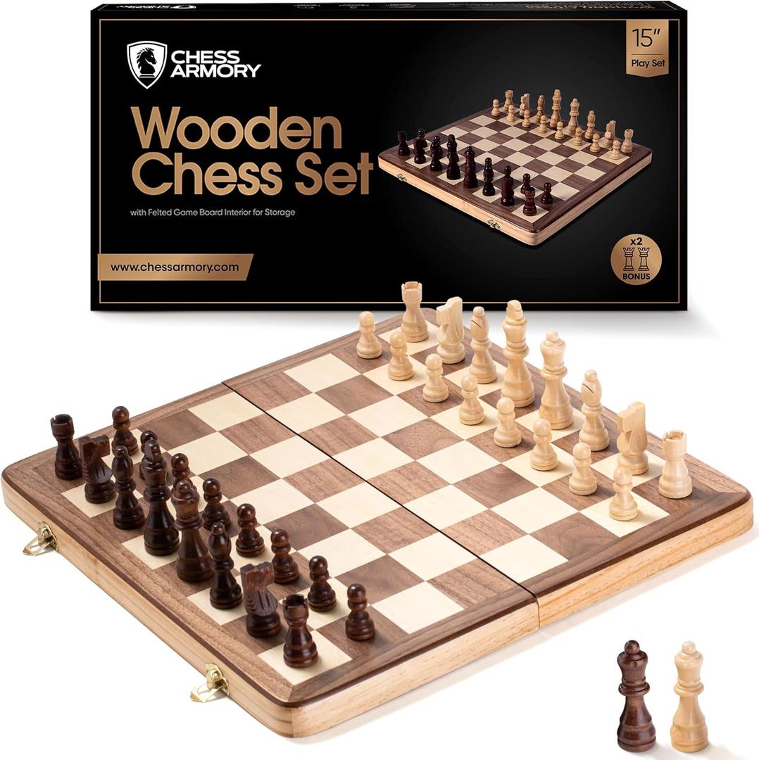 Chess Armory Wooden Chess Set 15 Inch - Classic Handcrafted Game Board for Adults and Kids with Extra Queen Pieces and Storage Box - Ideal for Home and Travel - Non-Magnetic