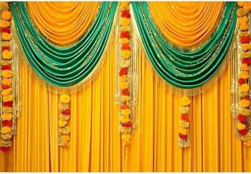 Baocicco 5x3ft Indian Traditional Backdrop Photography Yellow Green Curtain Wreath Photography Background Indian Festival Decors Wedding Banner Bridal Shower Decors for Couple Bride Studio Props