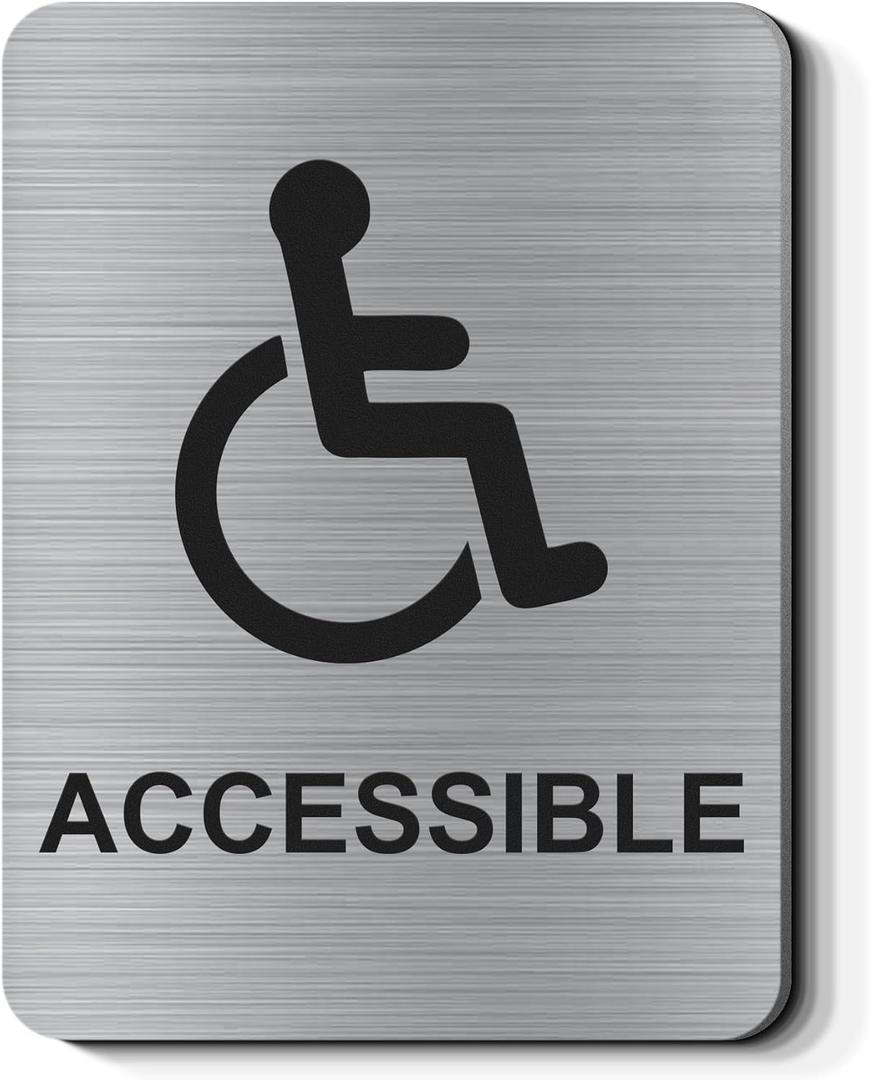 Handicap Sign - Handicap Wheelchair Accessible Sign Brushed Aluminum Handicap Placard for Commercial Business Restaurant Restroom-Adhesive Backing 8"*6"