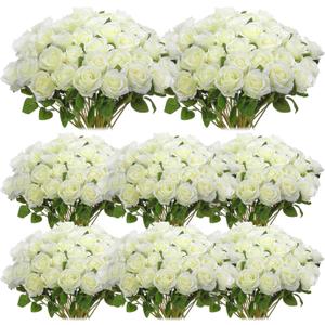 Hotop 80 Pcs Rose Artificial Flowers Bulk with Long Stem, Silk Roses Realistic Fake Flowers Bouquet for Wedding Table Centerpieces Bridal Shower Party Home Decorations(White)
