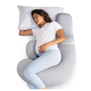 Momcozy Cooling Pregnancy Pillow,Original F Shaped Maternity Pillow for Pregnant Women with Adjustable Wedge Pillow, Full Body Support Pregnancy Pillows for Side Sleeping with Velvet Cover, Light Grey