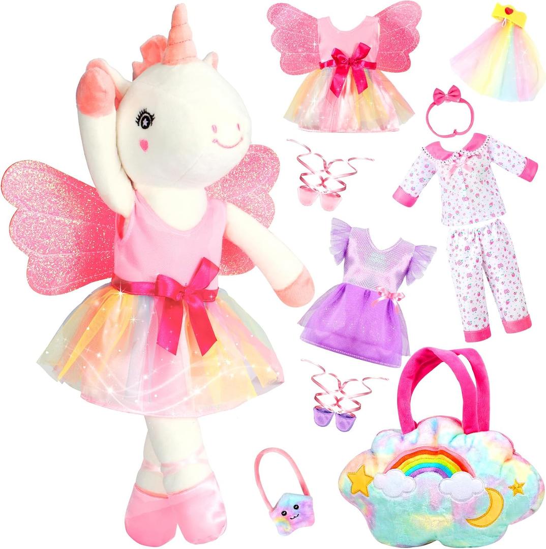 HUITEM Unicorn Toys for Girls Age 4-6, Ballerina Doll Stuffed Animal with 3 Set Clothes, Plush Bag, Accessories, 16 inch Unicorn Doll Toys Birthday Gift for 3 4 5 6 Year Old Little Girls