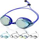 Swim Goggles for Adult Men Women Youth, Bungee Strap Swimming Goggles No Hair Pulling Mirrored/Clear Lens Goggles (01-blue)