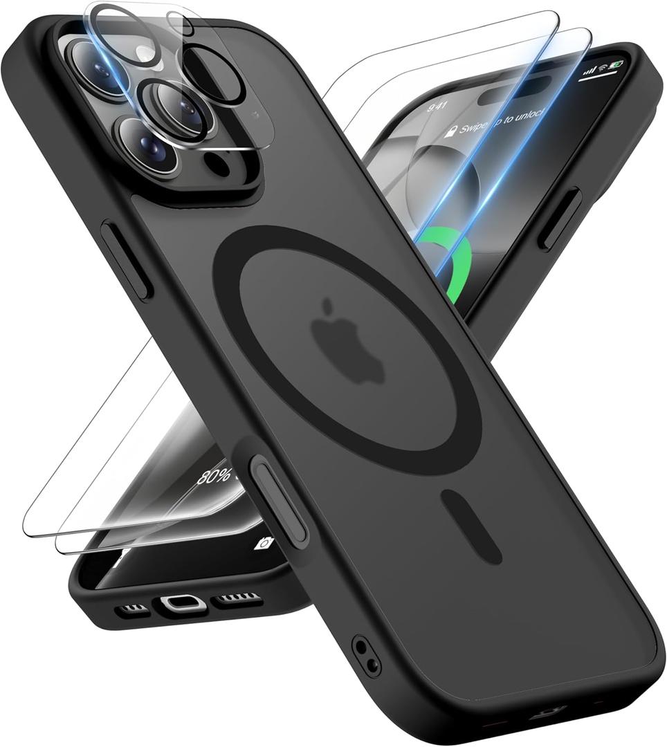 ORETECH Magnetic for iPhone 16 Pro Case, [Compatible with MagSafe][2 Pcs Screen Protectors + Camera Lens Protector][15 FT Drop Protection] Frosted Translucent Back, Shockproof, Anti-Scratch, Black