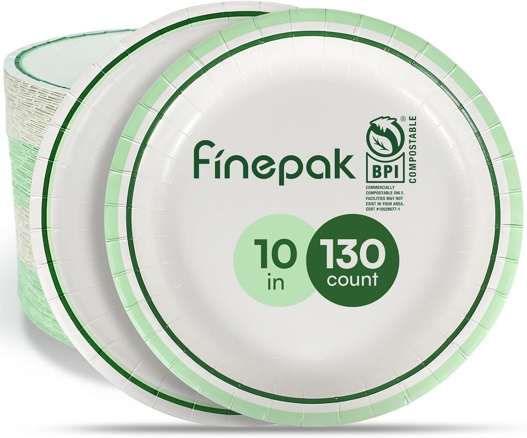 Disposable Paper Plates 10 Inch, 130PCS Paper Plates Bulk with Green Rims, Heavy Duty Paper Plates for Everyday Use, Picnic, BBQ, Microwave, Breakfast, Lunch & Dinner