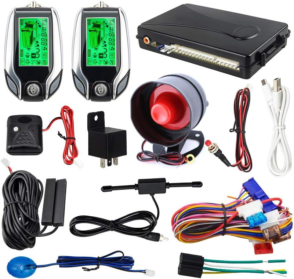EASYGUARD EC204 2 Way car Alarm System with PKE Passive keyless Entry, Rechargeable LCD Pager Display & Remote Trunk Release, Shock Warning DC12V