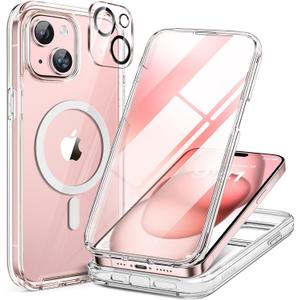 Miracase Glass Series for iPhone 15 Case [Compatible with MagSafe] Full-Body Magnetic Case with Built-in 9H Tempered Glass Anti-Fingerprint Screen Protector + Camera Lens Protector, Clear