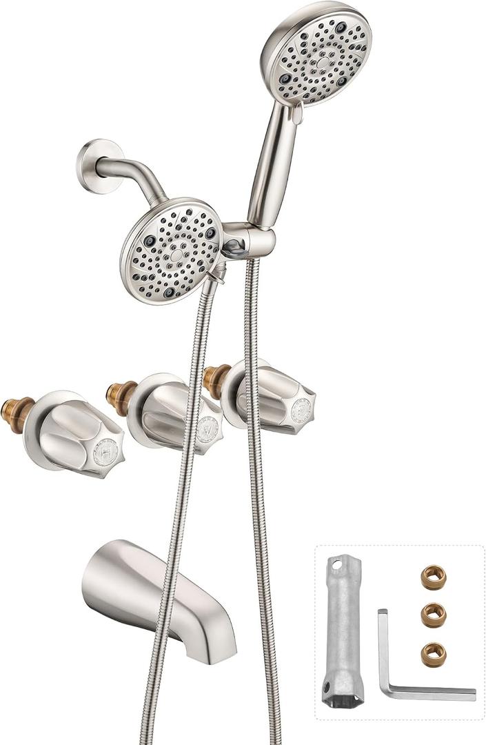 5" Dual Shower Faucet Combo& Bathtub 3 Handle Knob Tub & Shower Rough-In Valve, Included Rough-in Valve, Brushed Nickel