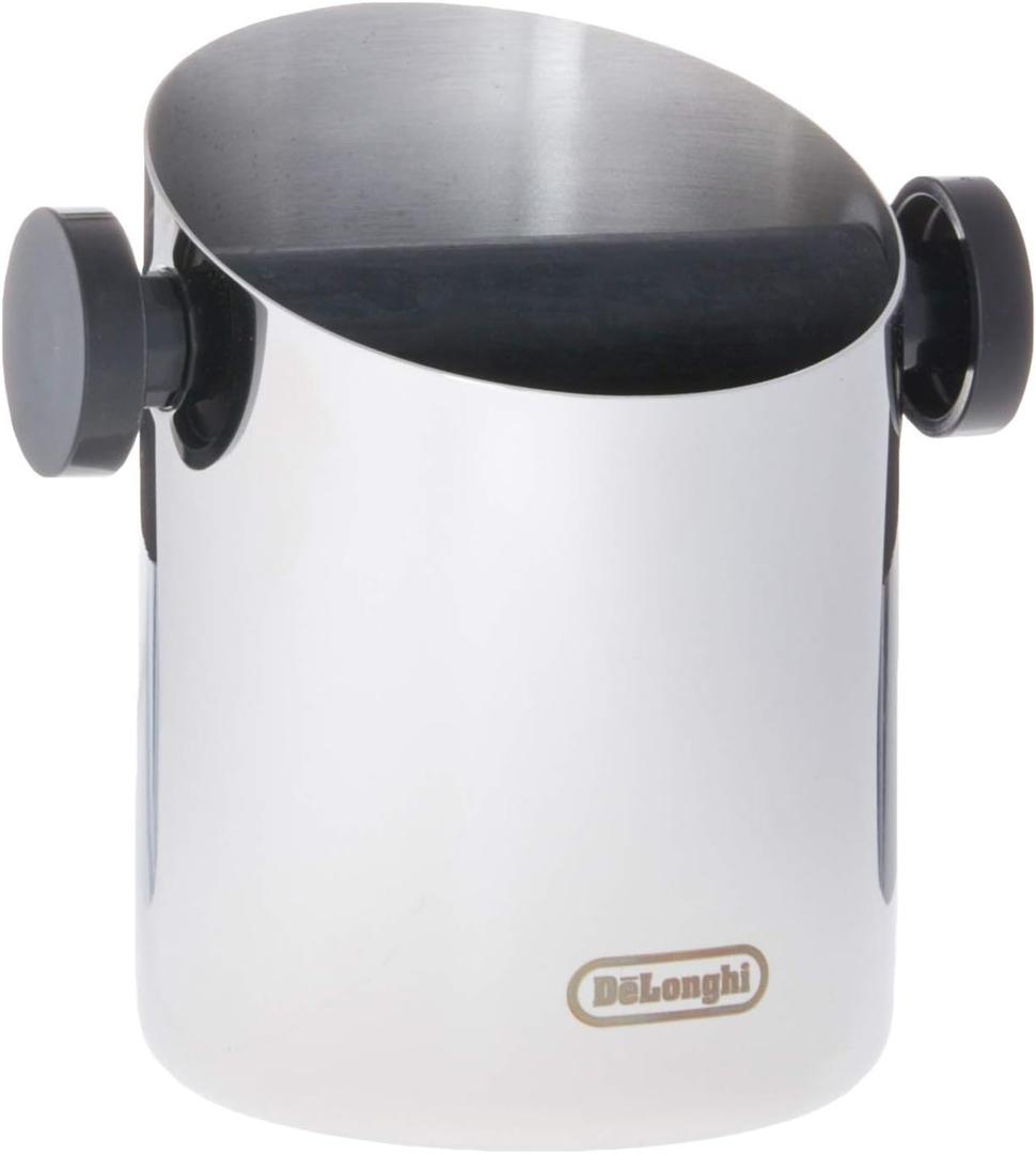 De'Longhi Knock Box for Coffee & Espresso Grounds, Easy & Mess-Free Disposal of Coffee Puck, Removable Bar and Non-Slip Base, Dishwasher Safe, Stainless Steel, 4-inch diameter,Silver De'Longhi Knock Box for Coffee & Espresso Grounds, Easy & Mess-Free Disposal of Coffee Puck, Removable Bar and Non-Slip Base, Dishwasher Safe, Stainless Steel, 4-inch diameter,Silver