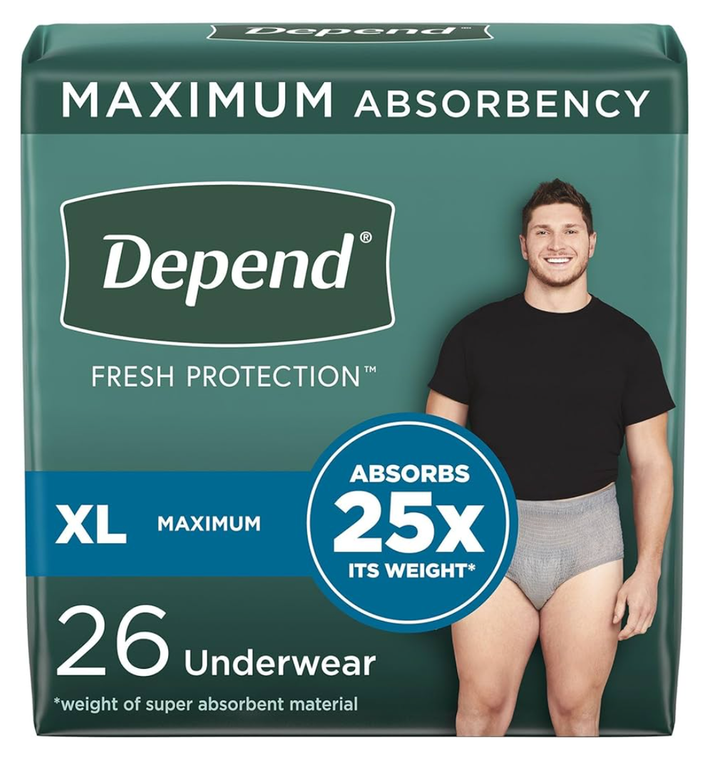 Depend Fresh Protection Adult Diapers, Incontinence Underwear for Men, Disposable, Maximum, ExtraLarge, Grey, 26 Count 