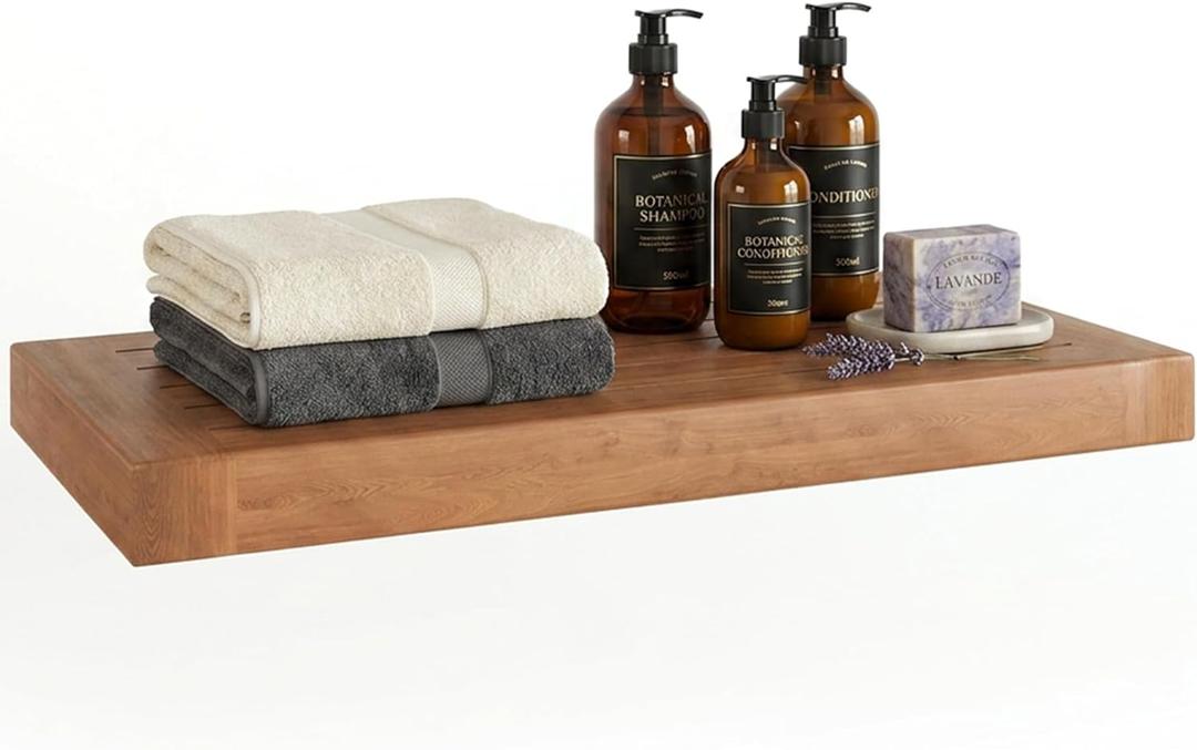 AquaTeak 18" Moa Teak Floating Shelves For Wall - Durable, Water-Resistant, Wall Mounted Storage Shelves for Bathroom or Pool Area - Mounting Hardware Included - Holds Upto 10 lbs - Indoor/Outdoor Use