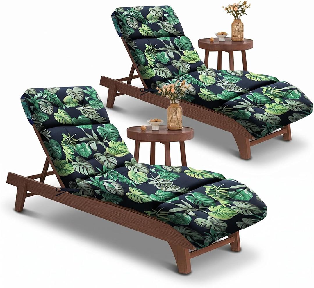 EverPine 2 Pack Chaise Lounge Chair Cushion 74.4 x 22.8 x 4.7 Inche, Patio Lounge Chair Replacement Cushion with Ties, Thick Cotton Pool Recliner Cushion for Outdoor Furniture (Green Leaves), Standard