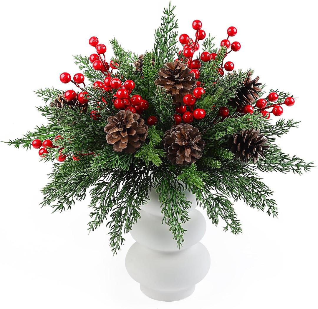 60 Pcs Artificial Pine Branch Set,Christmas Greenery Stems with Pinecones&Red Holly Berries, Fake Cedar Pine Needles Picks for Xmas Tree Wreath Garland DIY Crafts Christmas Decorations Indoor Outdoor (Natural)
