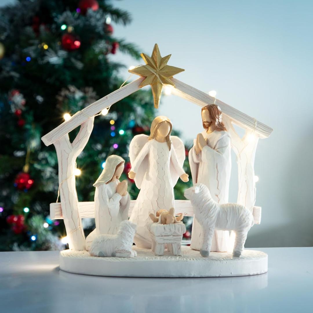 ZTL Nativity Scene Figurine with Lights, The Birth of Jesus Holy Family Manger Scene Nativity Sets for Christmas Indoor Home Tabletop Decorations, Religious Gift for Family Friends and Christian (White)