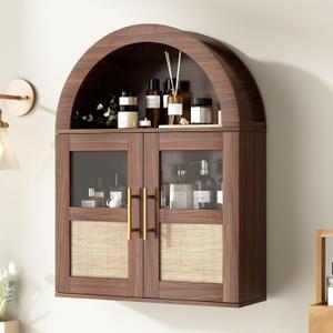 RUSTOWN Arched Bathroom Wall Cabinet, Rattan Medicine Cabinet with 2 Glass Doors, Farmhouse Over the Toilet Storage Cabinets with Adjustable Shelves, 3-Tier Wall Mounted Cabinets