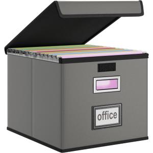 Huolewa Faux Leather File Organizer Box with Lid, Collapsible Hanging File Folder Box Organizer with Plastic Slides, Decorative Home/Office Filing System Boxes for File and Folders Storage ((Leather) Dark Gray)