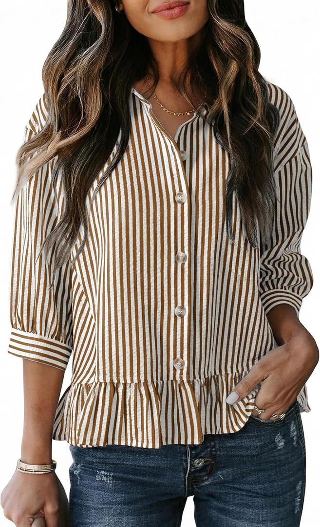 Dokotoo Cropped Button Down Striped Shirt 3/4 Length Sleeve Womens Tops Dressy Casual Blouses Babydoll Tops L