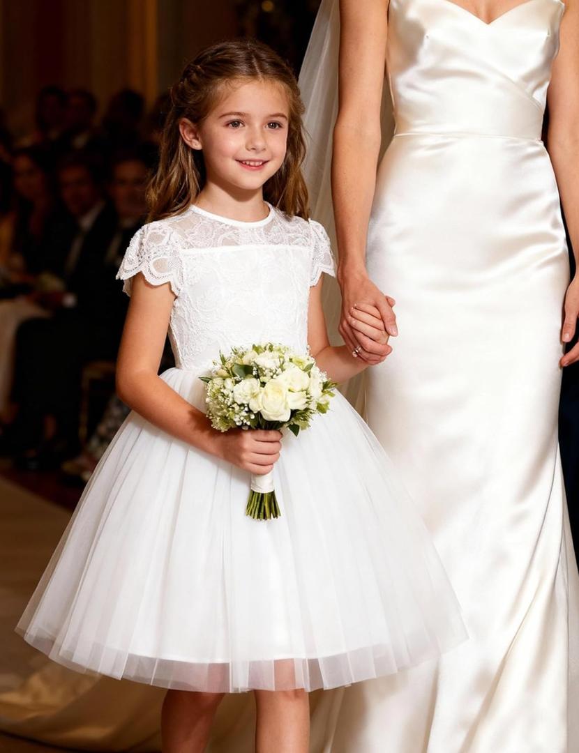 GRACE KARIN Flower Girl Dress with Big Bow,Kids Lace Tulle Princess Gown,Wedding Formal Birthday Party Pageant 5-10Y