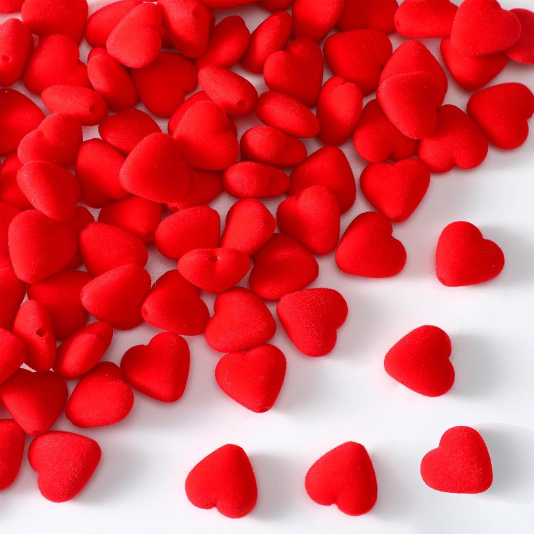 Zeyune 100 Pcs Red Heart Beads Love Heart Bead Velvet Cute Flocking Spacer Bead Ornament Red Pendant for DIY Craft Women Jewelry Making Bracelets Accessories Valentine's Day Decor Valentine Beads Bulk