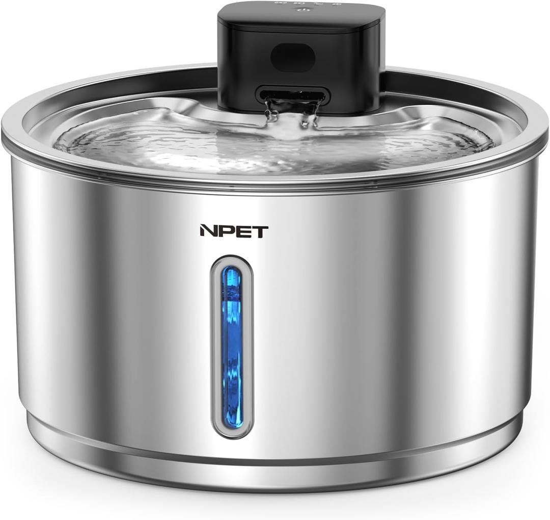NPET Wireless Cat Water Fountain Stainless Steel, 1Gallon/135oz Battery Operated Automatic Pet Drinking Fountain - Cordless Dog Water Dispenser with Water Level Window for Cats Indoor
