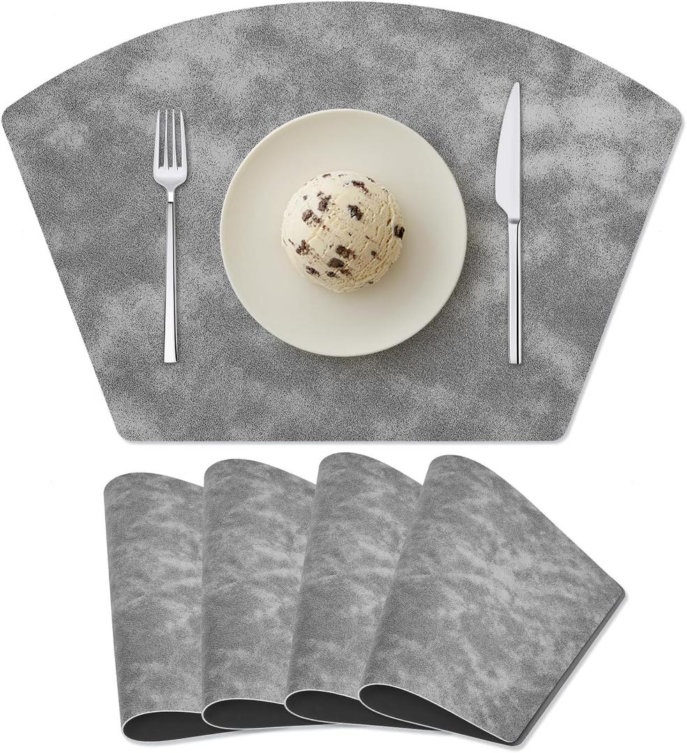 Placemats for Round Table Set of 4, Faux Leather Wedge Shaped Place Mats for Dining Table, Heat Resistant Washable Wipeable Table Mats Reversible, Gray/Dark Gray