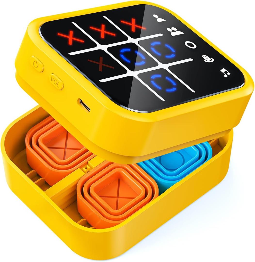Rechargeable Tic Tac Toe Game Box, Upgraded 5 Fun Brain and Memory Games, Compact Handheld Game Console, Portable Puzzle Travel Game Ideal Gifts for All Ages 3+ (Yellow)