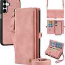 for Wallet Case Compatible with Samsumg Galaxy S24 Plus Multi-Function Detachable 2 in 1 Magnetic Phone Case Wallet,Flip Strap Zipper Card Holder Phone Case with Shoulder Straps (Pink)