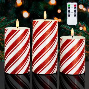 HN HAIINAA Red Stripe Glitter LED Pillar Candles, Battery Operated Real Wax Flameless Candles for Christmas Holiday Home Party Decor, Set of 3 (D3 x H4 5" 6")