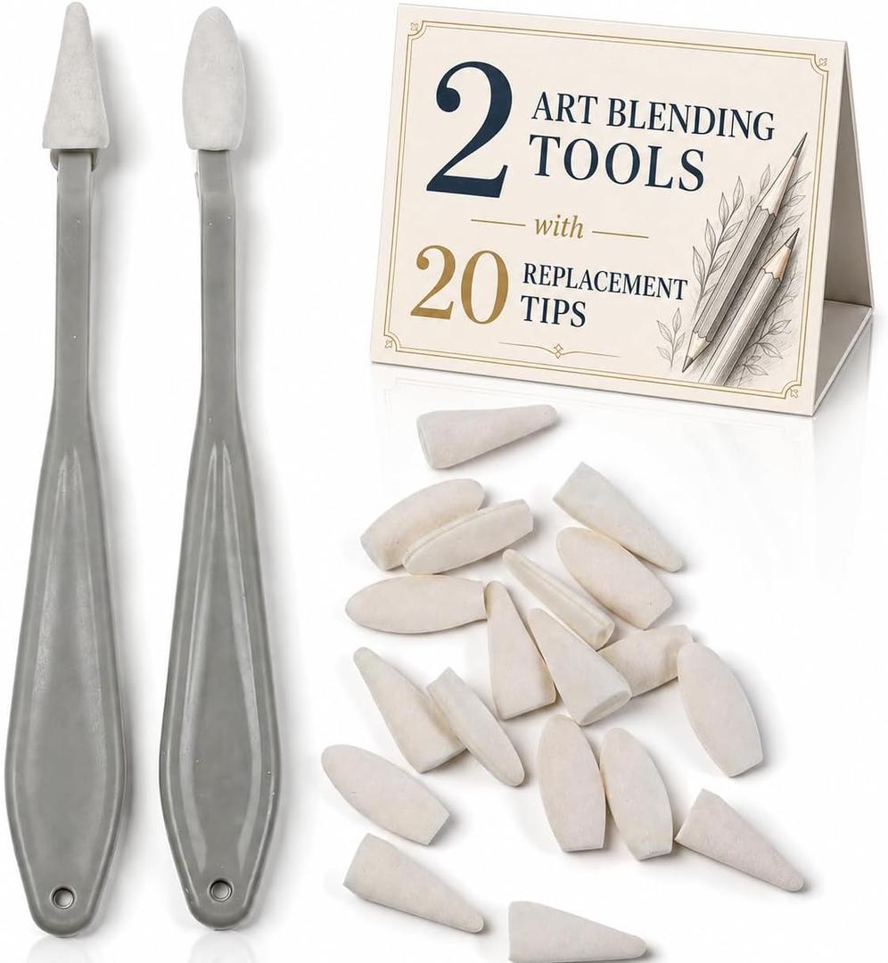 2 x NUOBESTY Blending Sponge Set, 2 Art Blending Tools with 20 Replacement Tips Highlighter Sponge Tips Artists Students Detail Tool Set for Drawing, Sketching, Shading and Smudging