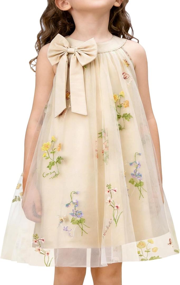 YALLET Flower Girl Dress Halter Neck Sleeveless Kids Dresses Collar Bow Embroidery Tulle Dress for Wedding Party Birthday 7-8Y