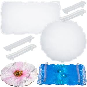 meekoo 2 Pcs Large Silicone Resin Tray Molds with 4 Pcs Handles Serving Tray Resin Mold for Making Jewelry Plates Tea Coasters Art Craft Casting Supplies(Round, Rectangle)