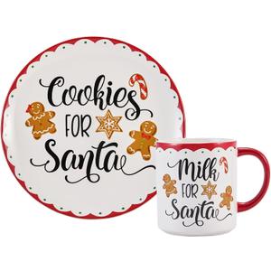 Bico Gingerbread Man Cookies and Milk For Santa Ceramic Plates and Mugs Set, Microwave and Dishwasher Safe, for Christmas Eve