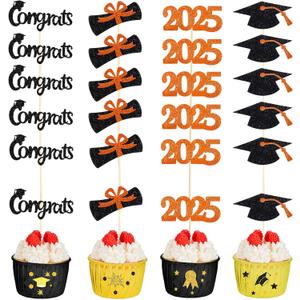 Chinco 100 Pack 2025 Graduation Cupcake Toppers Grad Cap Food Appetizer Picks Cake Graduation Party Decorations Diploma Cupcake Picks for Cake Class of 2025 Graduation Party(Black and Orange)
