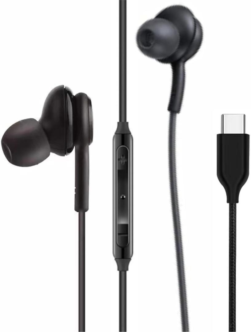 2025 New in-Ear Earbuds Stereo Headphones for Samsung Galaxy Z Fold6 S25 S24 S23 S22 S21 S20 Note 10 10+ - Designed with Microphone and Volume Remote Type-C Connector-(Black)