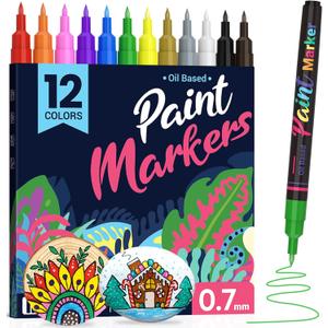 Permanent Oil Based Paint Markers: Fine Point Oil Paint Pen, 12 Colors Fine Tip Waterproof Marker Pen for Rock Painting, Mark Metal, Engineer Detail Work, Wood Craft, DIY Christmas Gift, Porcelain Art