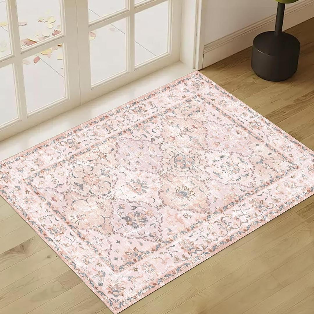 Washable Boho Vintage Area Rugs 2×3 Non-Slip Traditional Pink Area Rug Doormat for Bathroom Kitchen Entryway