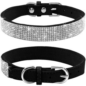 Rhinestone Dog Collar, Cute Dazzling Sparkling Soft Suede Leather Dog Cat Rhinestone Collar Crystal Diamond Pet Dog Puppy Collar(Black,S)