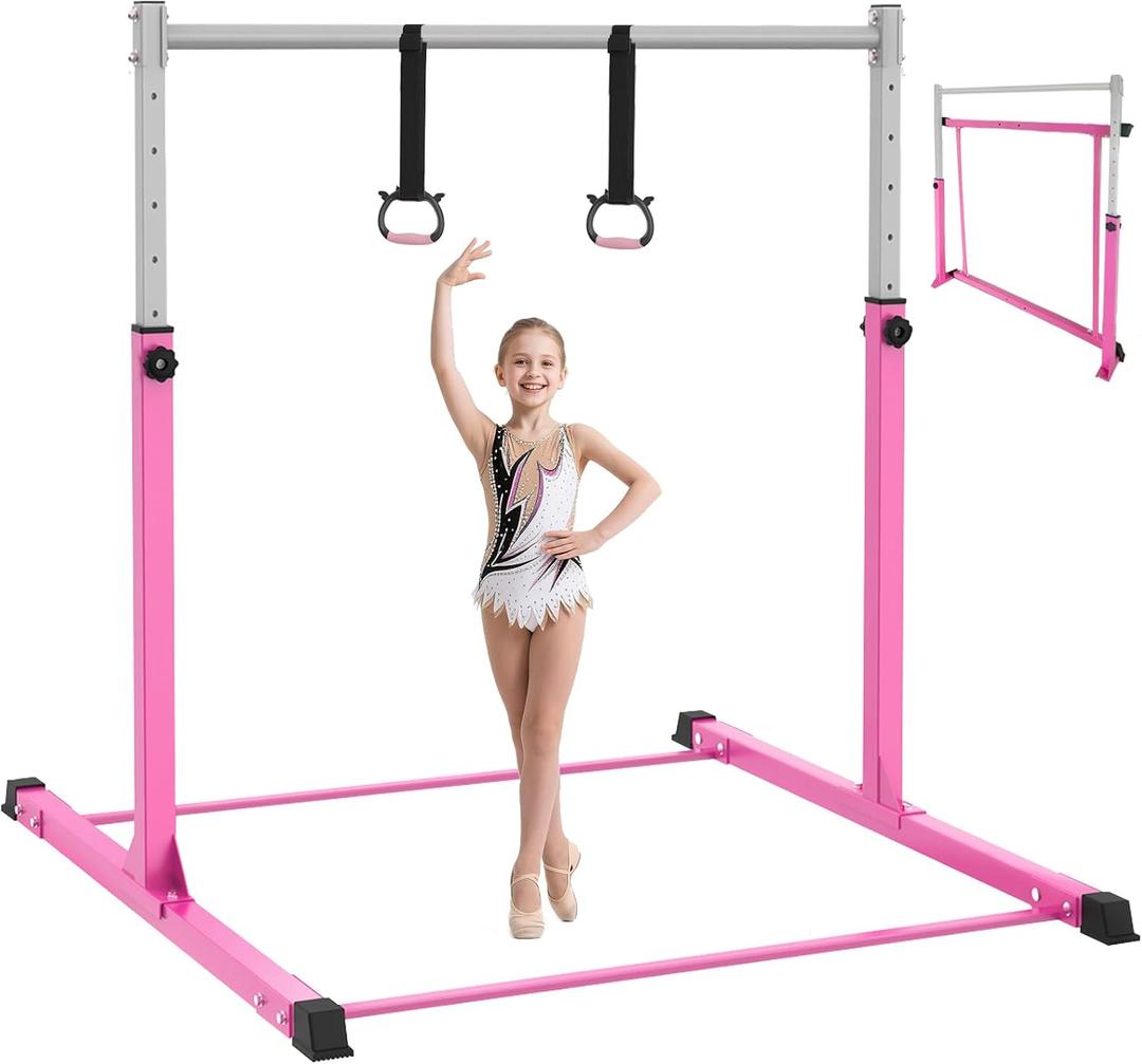 Safly Fun Gymnastics Bar for Kids Ages 3-15 | Sturdy Steel Home Gym, Adjustable Height (3 to 5 ft) with Anti-Slip Base, Easy Assembly