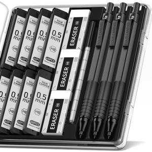 Four Candies 0.5mm Mechanical Pencil Set with Case, 3PCS Metal Artist Lead Pencil with 8 Tubes (480PCS) HB Lead Refills, 3 Erasers, 9 Eraser Refills For Engineer Art Writing Drawing Drafting, Black