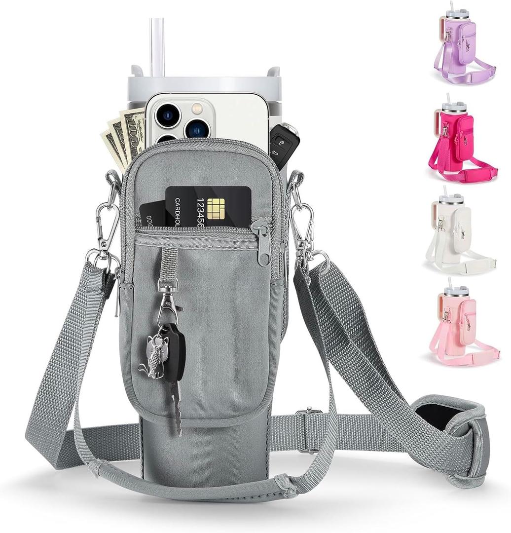 linmaya Water Bottle Carrier Bag for Stanley Cup 40/30oz with Phone Holder Pockets,Neoprene Water Bottle Cross-body Bag with Adjustable Shoulder & Hand Strap Stanley Cup Accessories (flint)