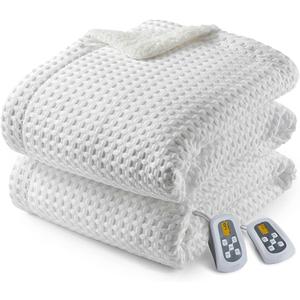 CAROMIO Heated Blanket King Size with LCD Dual Controller, Waffle Weave Fast Heating Electric Blankets, 10 Heat Levels & 1-12H Time Settings, ETL Certified, Machine Washable, Off White, 100" x 90" OEKO-TEX STANDARD 100