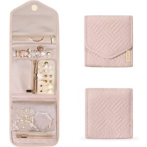 BAGSMART Travel Jewelry Organizer Case Foldable Small Jewelry Roll for Journey Rings, Necklaces, Earrings, Bracelets,Mini,Soft Pink