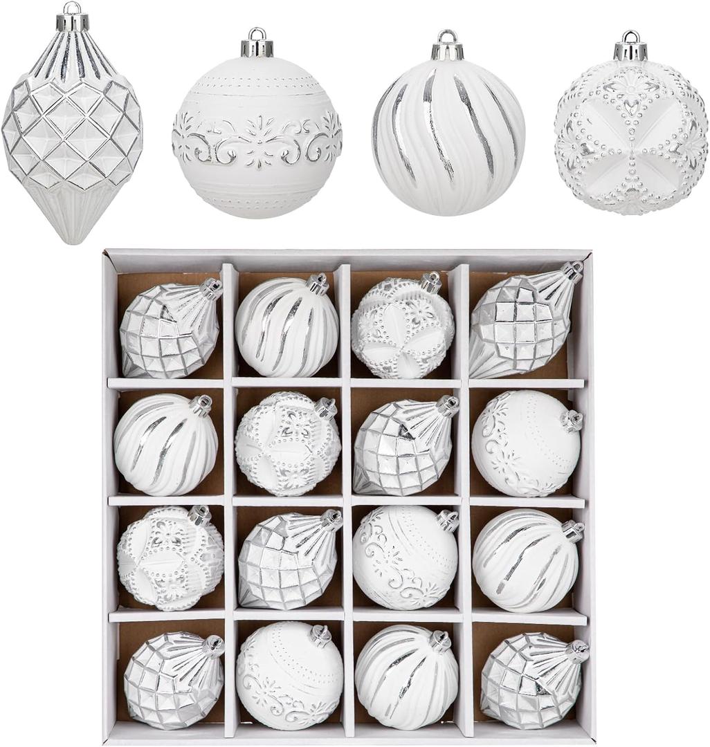 16PCS Shatterproof Christmas Ball Ornaments Set, Hand-Painted Holiday Decor with Assorted Sizes & Designs for Christmas Tree Thanksgiving Party Decoration, Silver-White