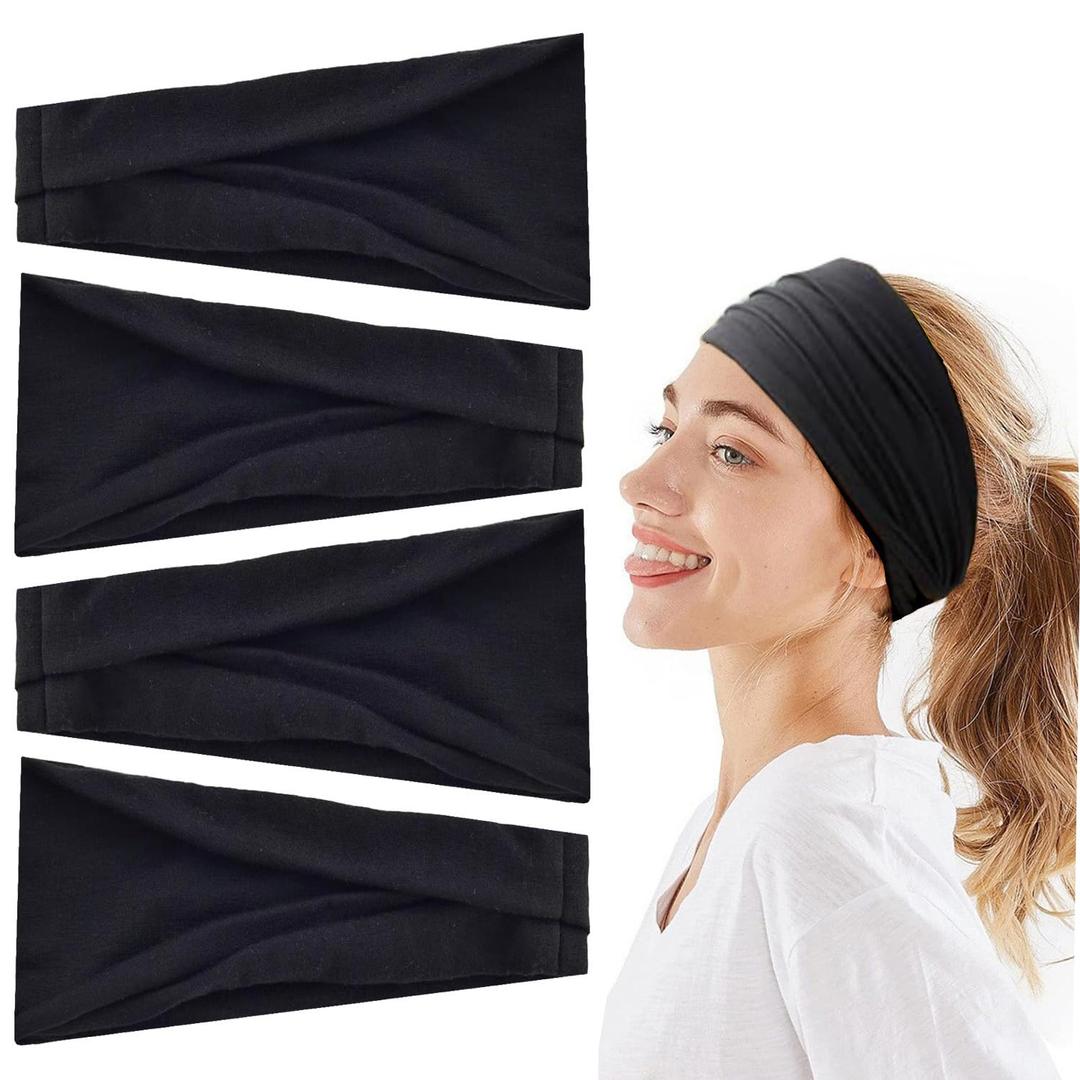 Hexchasty 4pcs Headbands for Women Thick Wide Cloth Fabric Stretchy Headbands Fashion Cute Soft Hair bands for Women' Hair Workout Head bands for Yoga Sports Running Black Dark Grey Brown (9inch*3.9 Inch, Set 3)