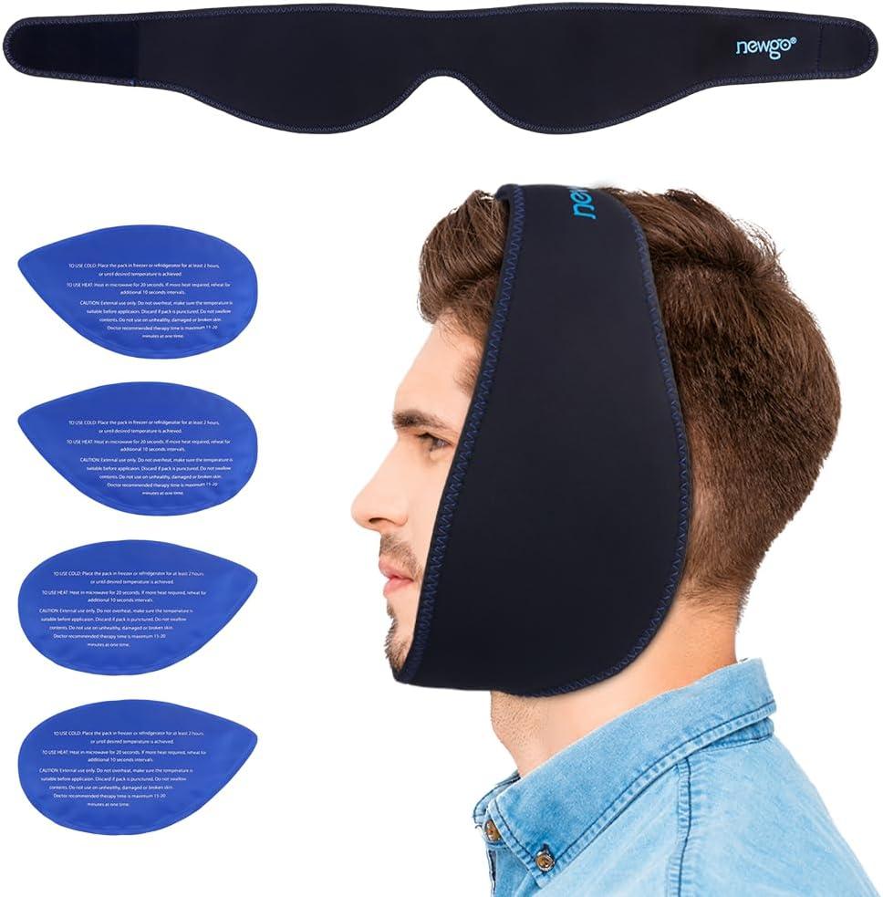 NEWGO Wisdom Teeth Ice Pack Head Wrap for Face Oral Surgery, FSA or HSA Eligible Jaw Ice Pack for Face with 4 Hot Cold Gel Pack for TMJ, Tooth Extraction, Tonsillectomy Recovery (Black)