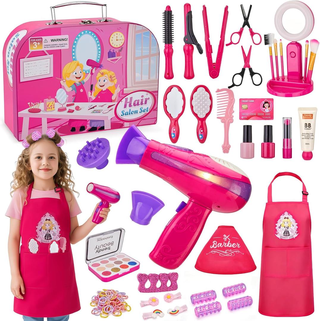 Hair Salon Toys for Girls,34Pcs Pretend Play Makeup Beauty Hair Styling Set with Blow Dryer, Mirror,Barber Apron, Scissors and Stylist Accessories Girls Toys for 3-9 Year Old