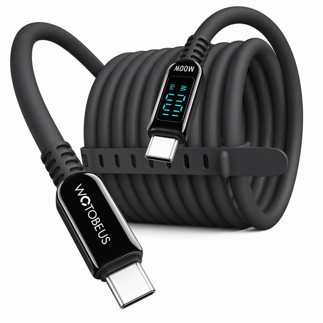 10ft Silicone USB-C to USB-C Cable with LED Power Display, Real-Time Digital Screen Shows Fast Charging Wattage, Extra Long Soft Touch Cord for iPhone, Pixel, iPad, Tablets, MacBook, Laptops