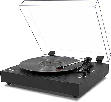 Vintage 3-Speed Turntable Bluetooth Input Record Player Vinyl Record Player with Twin Built-in Stereo Speakers,Auto Stop,RCA Output, Full Size Platter,Acrylic Dust Cover, Black Wood