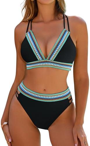 Blooming Jelly Womens High Waisted Bikini Sets Color Block Two Piece Swimsuit V Neck Crisscross Back Bathing Suit, M