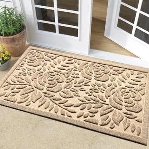 Bulijojo Front Door Mat Entrance,Durable Heavy Duty Welcome Mat,Thick Absorbent Natural Rubber Non Slip Mat,Sturdy Entryway Beige Flower, 17x30